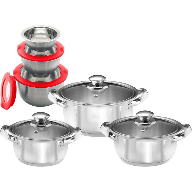 KING Topf-Set, Edelstahl (Set, 12-tlg, 3 Kochtöpfe Ø16 Ø18 Ø20cm, mit Glasdeckel, Schüsselset), Induktion – Bild 1