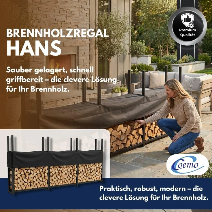 Coemo Brennholz Regal Hans Kaminholzregal mit Abdeckplane Metall 3 Segmente 25 x 335 x 115 cm – Bild 3
