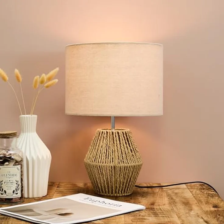 HOME DECO FACTORY, LA0111, Tischlampe im Bohemian-Chic aus geflochtenem Seil und beigem Lampenschirm, ideal für Wohn- oder Schlafzimmer, warme Atmosphäre, Größe H35 cm, natürliche Farbe – Bild 4