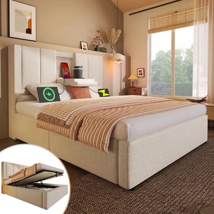 EINHOM Polsterbett 90 x 200 cm Einzelbett mit Verstecktem Becherhalter & Ladestation, Hydraulisches Bett mit Stauraum unter dem Bett, Inkl, Lattenrost, Leinen Beige (Ohne Matratze)