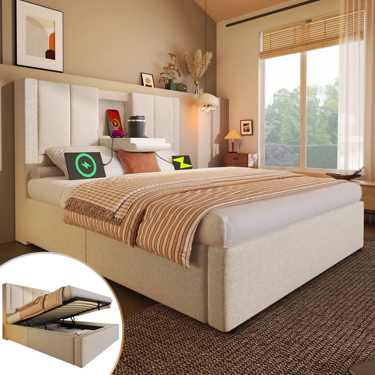 EINHOM Polsterbett 90 x 200 cm Einzelbett mit Verstecktem Becherhalter & Ladestation, Hydraulisches Bett mit Stauraum unter dem Bett, Inkl, Lattenrost, Leinen Beige (Ohne Matratze) – Bild 1