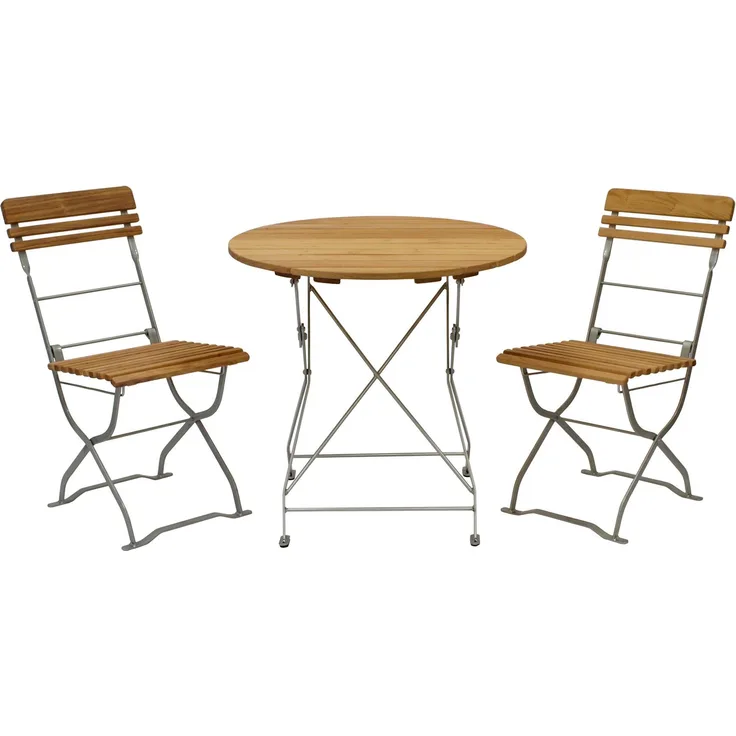 Biergarten - Garnitur MÜNCHEN 3-teilig (2x Stuhl, 1x Tisch 77cm rund), Flachstahl verzinkt + Robinie
