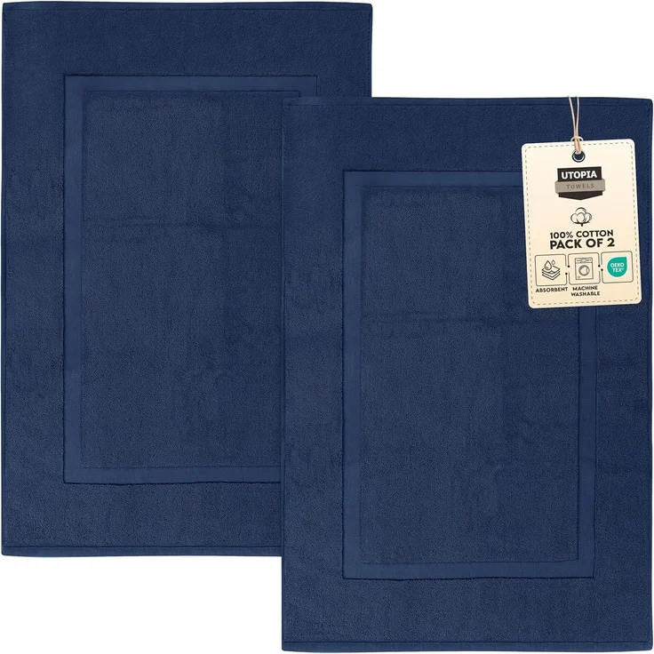 Utopia Towels Badematten mit Baumwollbändern, Marineblau, [kein Badezimmerteppich], 100% ringgesponnene Baumwolle – sehr saugfähig und maschinenwaschbar, Dusch-Badezimmer-Bodenmatte (2 Stück)