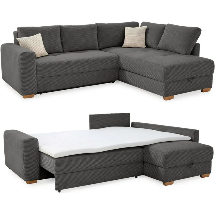 Ecksofa-Dauerschläfer Boxspring Federkerncouch Topper Stauraum Cord Grau Anthr.