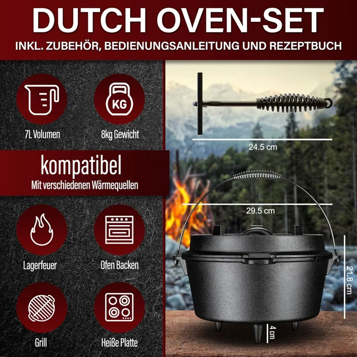 Dutch Oven 7 l mit Füßen – eingebrannt & sofort einsatzbereit, inkl. Deckelheber, Thermometerdurchführung, Rezeptbuch & Pflegeanleitung – Bild 2