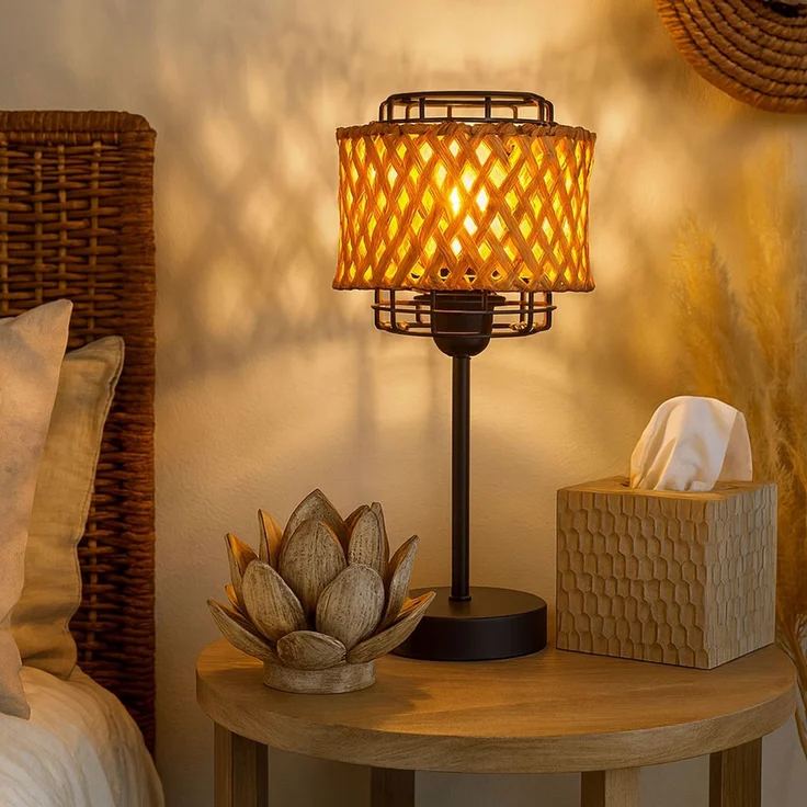 LED Boho Tischleuchte, Käfig, Bambusgeflecht, schwarz, H 32 cm – Bild 5