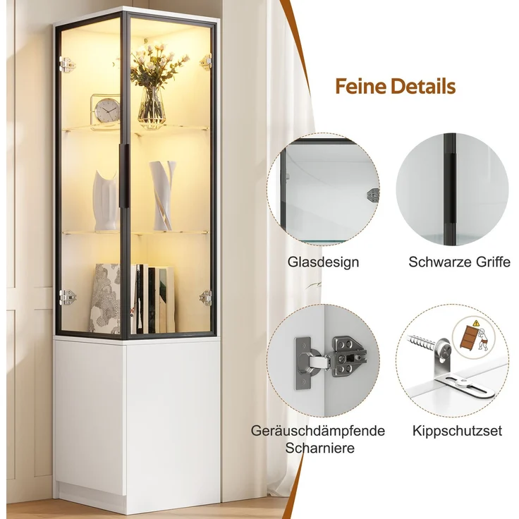 Eckvitrine 40 x 40 x 160 cm mit Glasfront, Stauraum und App-gesteuerter LED-Beleuchtung – Bild 7