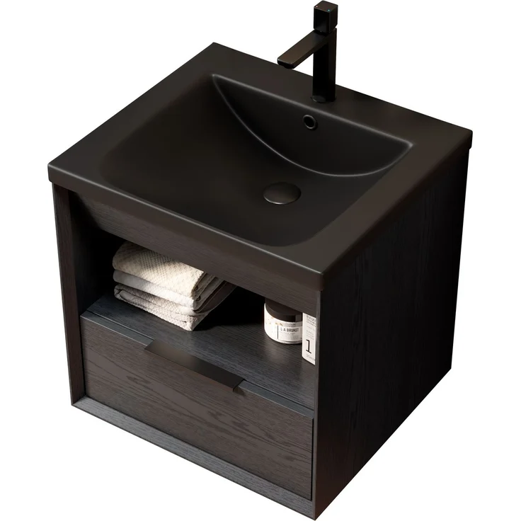 Bad-Waschtisch, 51 cm breit, mit mattschwarzem Keramikbecken und Schublade,H 51.5 x T 51.5 x B 47 cm – Bild 7