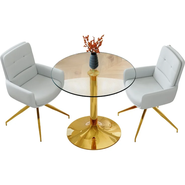 Esstischgruppe H 76 x T 85 x B 85 cm aus Glas und Metall mit 2 drehbaren Stühlen in Hellgrau – Bild 4