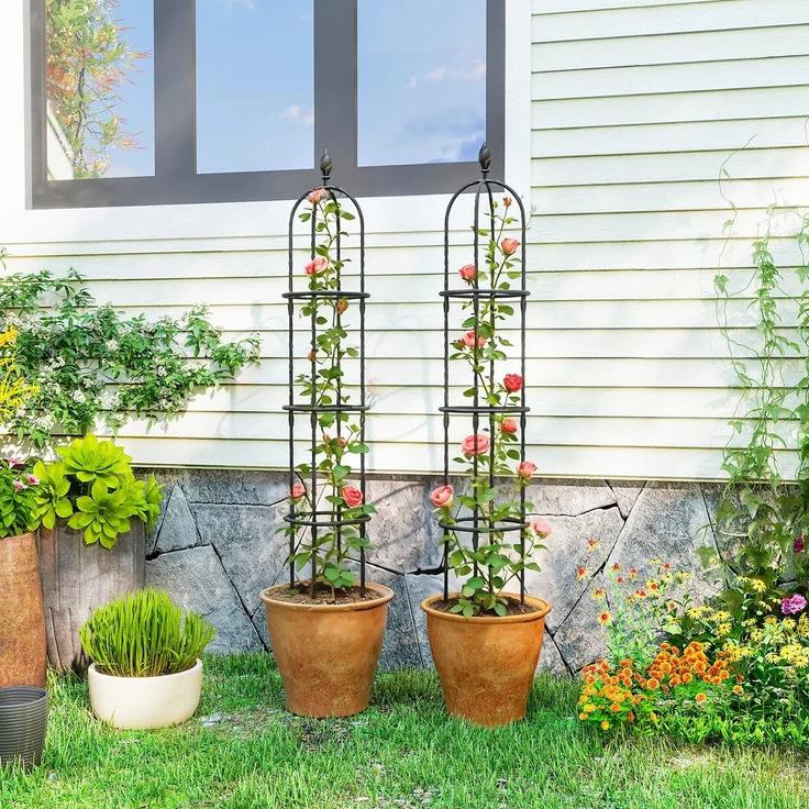 MELAYR, 2er-Set Gartenobelisken aus PE-Stahl, 1,74 m, Rankgitter für Kletterpflanzen, Rosen, 32 x 32 x 174 cm, Schwarz – Bild 3