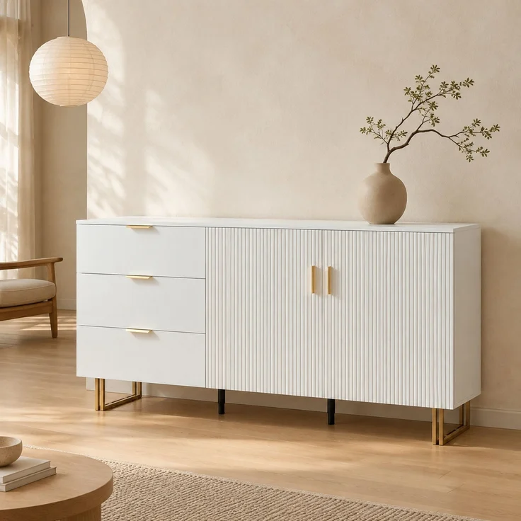 DESVIAE Sideboard mit 3 Schubladen und 2 Türen 160x81,5x40 cm MDF Weiß – Bild 2