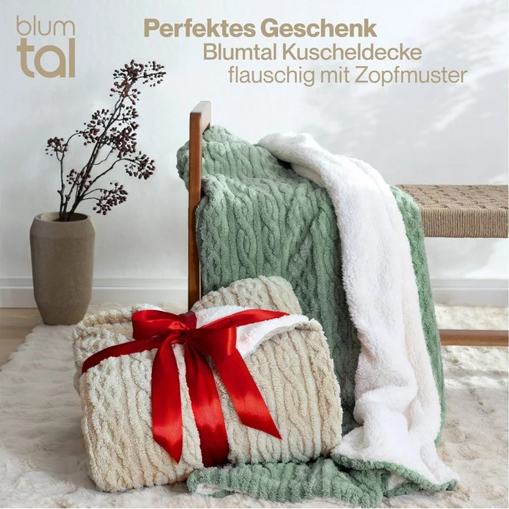 Blumtal Wohndecke, Oeko-TEX zertifiziert, waschbar, weiche Sherpa-Innenseite, Beige/Weiß, 150x200 cm – Bild 3