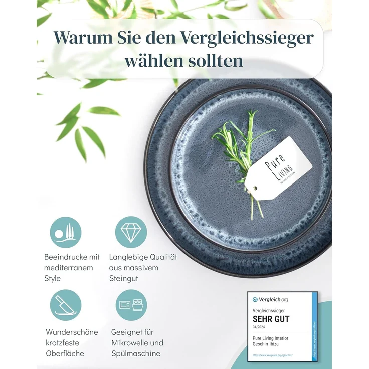 Steingut Geschirrset 4 Personen Ibiza 16-tlg - Hochwertiges Mediterranes Steingut Geschirr Set - Schüssel- und Teller Set - Tafelservice 4 Personen - Geschirrsets Pure Living Schwarz Rauchblau – Bild 2