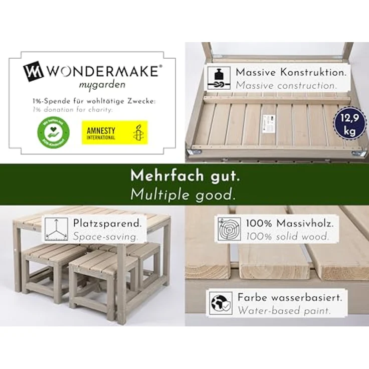 WONDERMAKE Garten-Kindersitzgruppe, 4-tlg. Holz-Sitzgarnitur für drinnen und draußen, grau, inkl. Tisch, Bank und 2 Hockern, für Kinder ab 3 Jahren – Bild 2