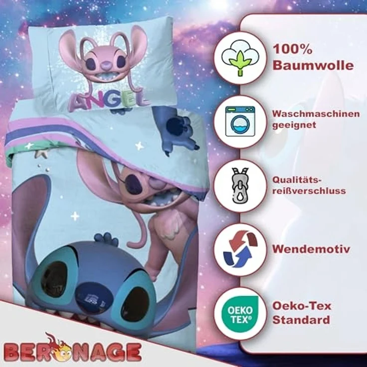 BERONAGE Wendebettwäsche Lilo & Stitch Bettwäsche Angel & Stitch Linon / Renforcé, Baumwolle, 2 teilig, 135x200 + 80x80 cm – Bild 3