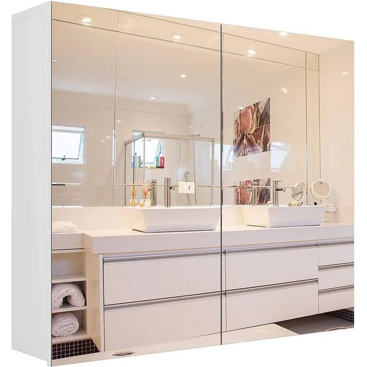 Homfa Spiegelschrank Badezimmerschrank mit 4 Fächern, Breite 70 cm, weiß, Holz