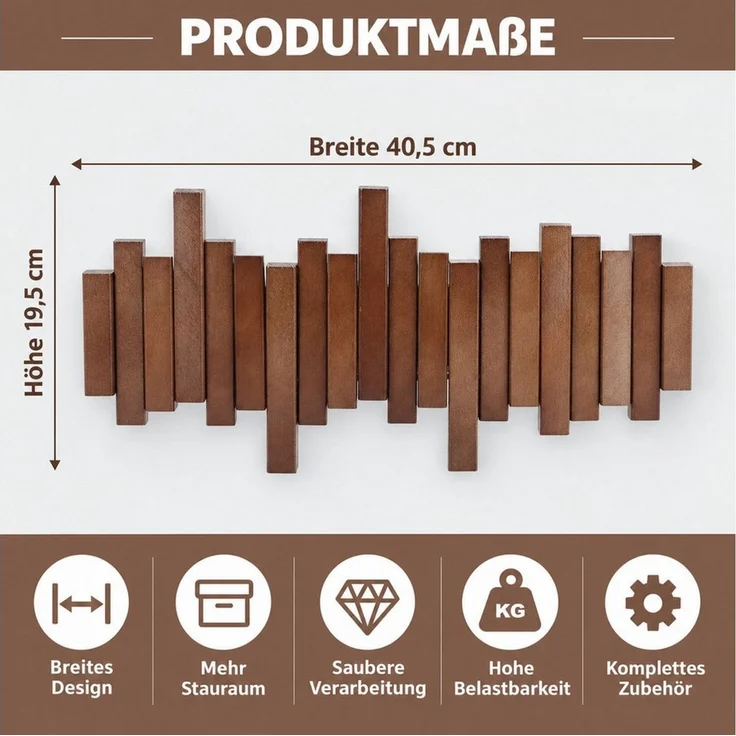 LEMLIT Wandgarderobe Garderobenleiste Holz mit 6 Klapphaken, Platzsparende Hakenleiste (1er Set, 1 St, 6 einklappbare Haken), Garderobe 40,5 cm, Walnuss-Optik, für Flur und Schlafzimmer – Bild 3