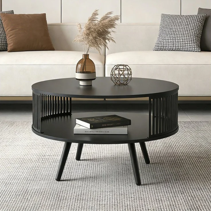 PEALOV Couchtisch rund, mit Ablage, Ø 75 cm, aus Metall, Schwarz (1-St), mit Ablage – Bild 3