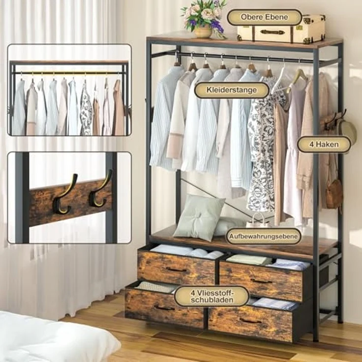 Yorbay Kleiderständer Garderobenständer Kleiderständer 100 x 40 x 180 cm, (Aus MDF und Stahl, mit Kleiderstange, Ablagen, 4 Schubladenboxen), Offener Kleiderschrank für Wohnzimmer, Schlafzimmer, Flur – Bild 2