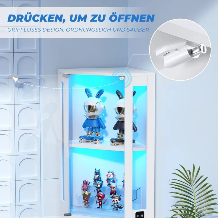 Eckvitrine 56x165x37 cm, 4-stöckiger Glasvitrinenschrank mit LED-Beleuchtung und Acryl-Seitentüren, Weiß – Bild 6