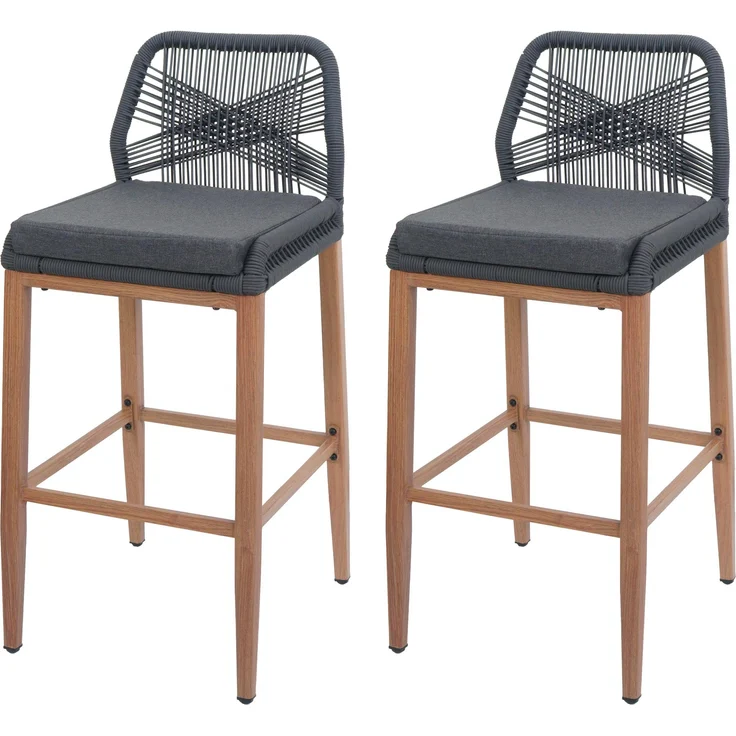 MCW Rope-Barhocker O21, 2er-Set mit bequemem Sitzkissen, strapazierfähigem Seilgeflecht und verstellbaren Fussbodenschonern