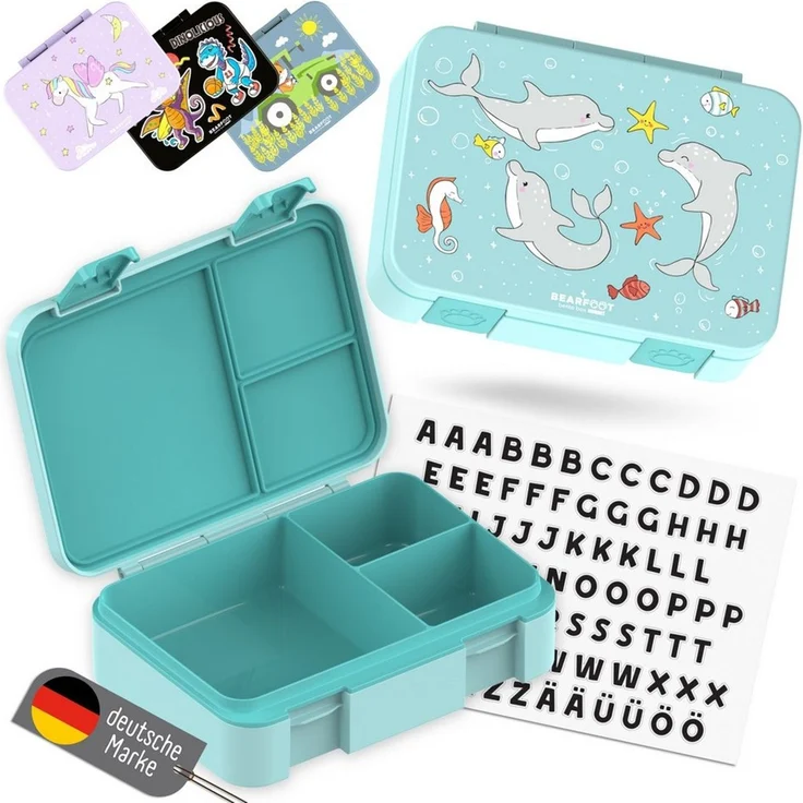 BEARFOOT Bento Box COMPACT Kinder Brotdose (Delfin-mint, 950 ml) | BPA-frei, auslaufsichere Lunchbox mit Fächern, für Schule & Kindergarten, für Mädchen & Jungen, leicht & kompakt – Bild 2
