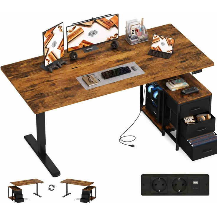 IRONCK Höhenverstellbarer Schreibtisch 180x80 cm mit Steckdose, 3 Schubladen | Elektrisch Computertisch, USB-C Anschluss, Reversibel Stehpult, Stufenlos verstellbar, Memory-Funktion, Stehtisch Büro Braun