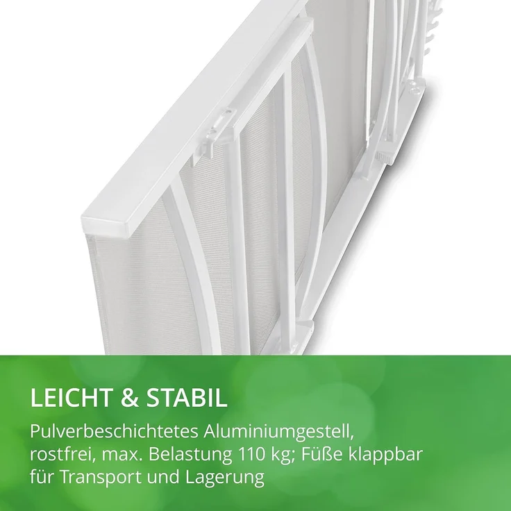 LECO Sonnenliege ELINA, Füße klappbar, 5-fach verstellbare Rückenlehne, Aluminiumgestell weiß, Kunststoffgewebe lichtgrau, 192x60x96 cm – Bild 5