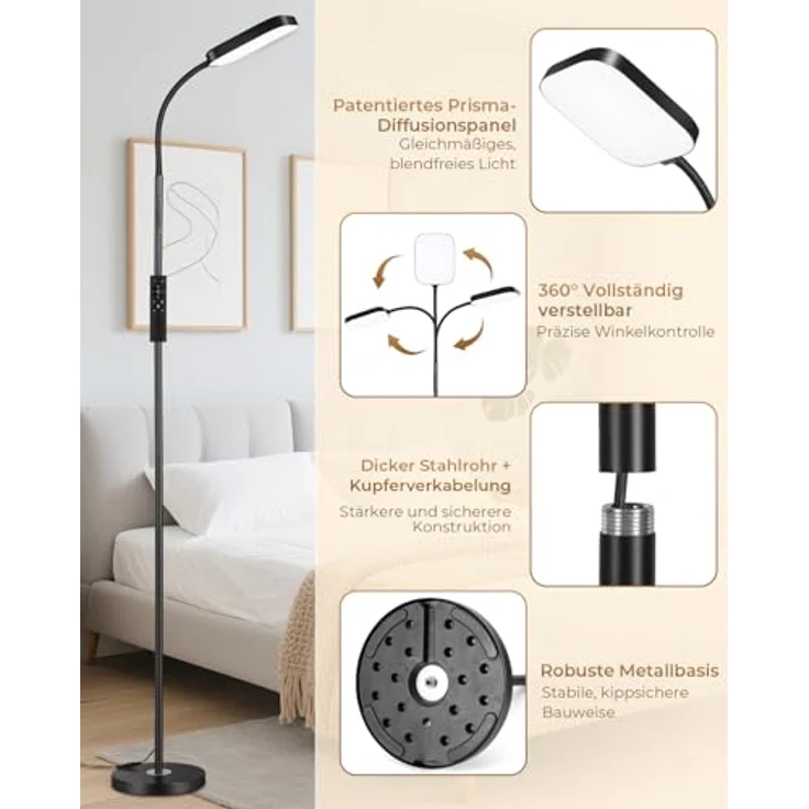 YICAIZI LED Stehlampe dimmbar 18W, 1850lm – Stehleuchte Wohnzimmer mit Fernbedienung, 3000–6500K, stufenlos dimmbar, Leselampe Bett mit Nachtlicht, moderne Stehlampe mit Prismadiffusor – Bild 7