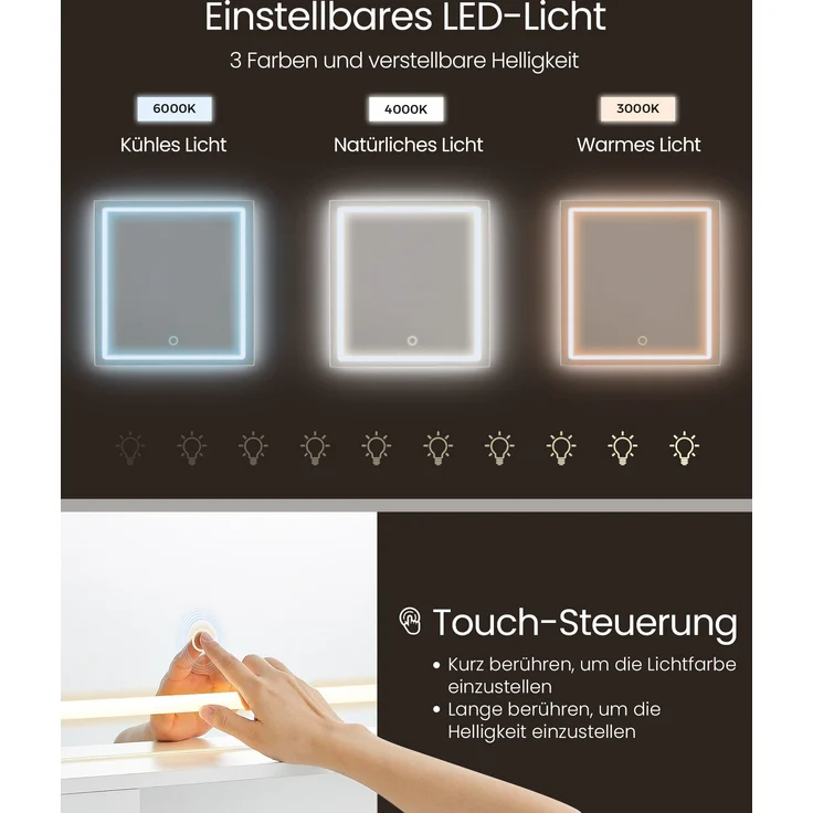 VASAGLE Schminktisch mit LED-Beleuchtung, Steckdosenleiste, Frisiertisch mit Schubladen, 90 cm breit, verstellbaren Ablagen, Schmuckaufbewahrung, für Schlafzimmer, wolkenweiß RDT134W01 – Bild 3
