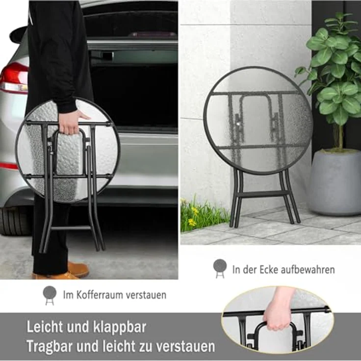 eSituro Klapptisch, Beistelltisch klappbar, Balkontisch Campingtisch Gartentisch Bistrotisch, mit Metallrahmen, runde Tischplatte aus gehärtetem Glas, φ46x47,5 cm, Schwarz+transparent – Bild 7