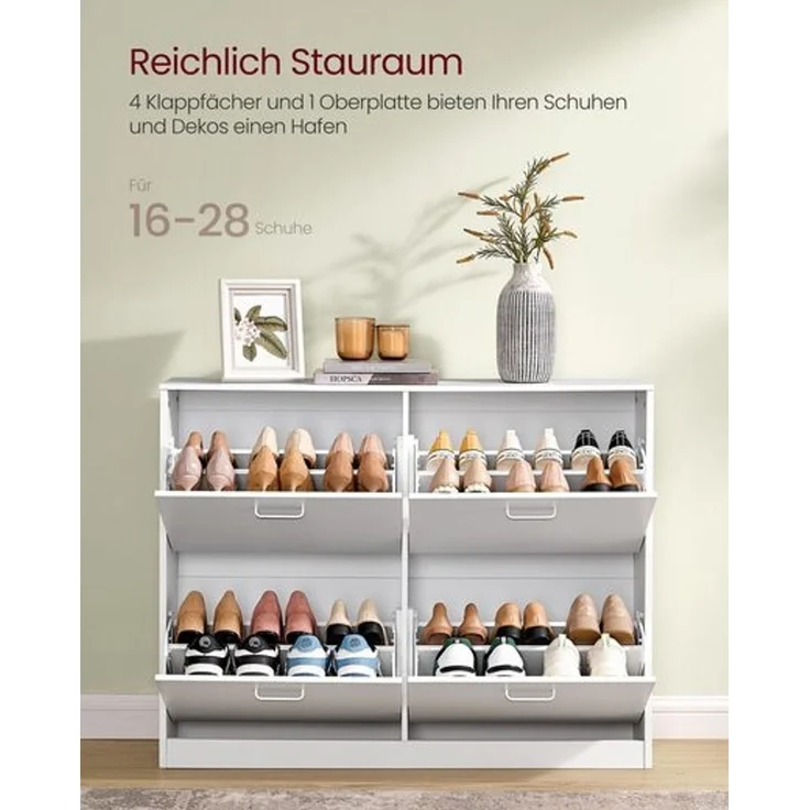 VASAGLE Schuhschrank 4 Klappen, Schuhkipper, Schuhregal, Schuhaufbewahrung, Trennwand verstellbar, für 16-28 Paar Schuhe, Flur, 24 x 105,5 x 82,7 cm, schneeweiß LBCDE035W01 – Bild 3