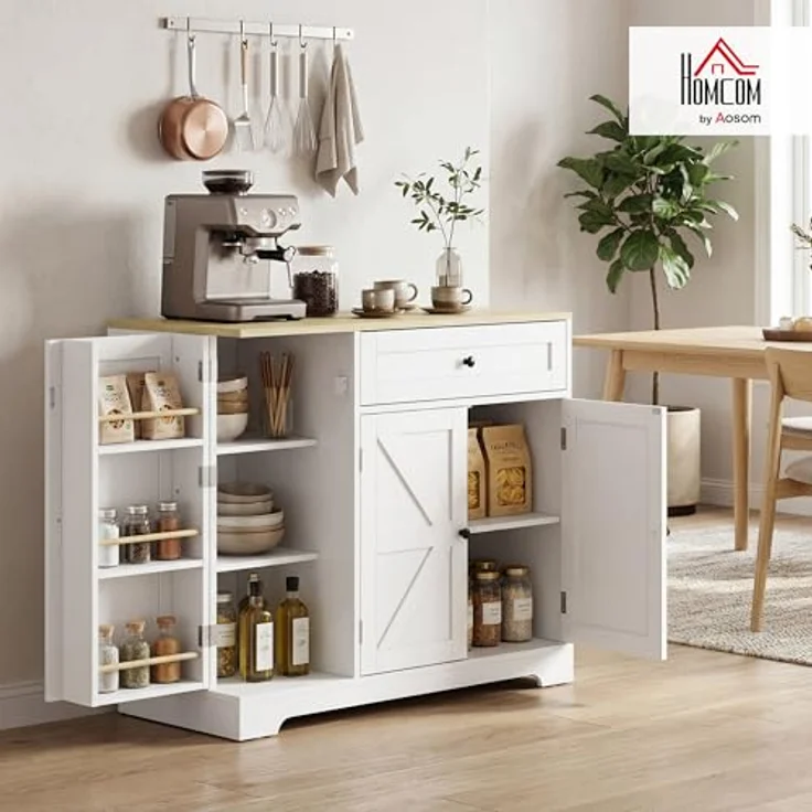 HOMCOM Sideboard Buffetschrank mit Schublade, 100 x 40 x 81 cm, Weiß mit verstellbaren Regalen und dreistufigem Gewürzhalter – Bild 2