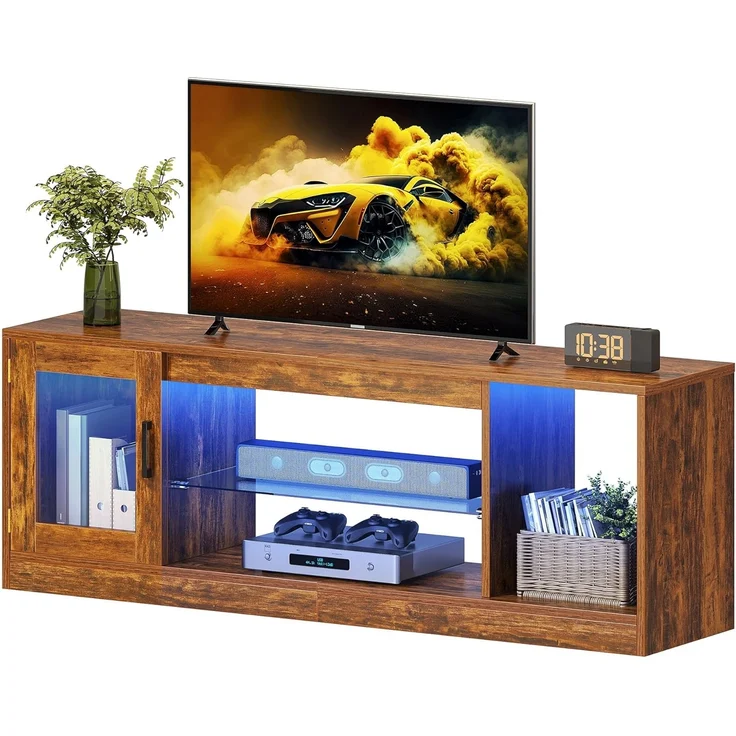 YITAHOME TV-meubel, Retro brandhout, 148 * 32 * 51cm, in hoogte verstelbare glazen Plank, 144cm RGB zevenkleurige lichtstrip, inclusief afstandsbediening met knoopbatterij – Bild 6