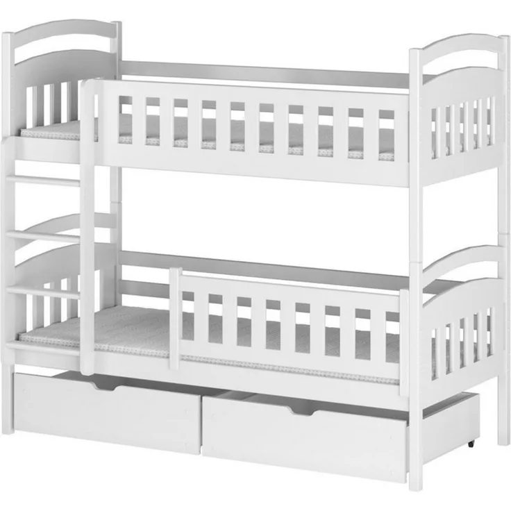 Kids Collective Etagenbett Hochbett Kinderbett 90x200 umbaubar in zwei Einzelbetten (Modell 2025), 90x200 cm mit zwei Schubladen Lattenrost Rausfallschutz Vollholz weiß