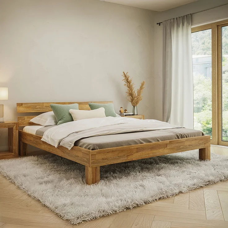 skølm 'Floki' Bett 200x200 cm, Bettgestell, natur geölt, Massivholzbett aus Eiche, Doppelbett mit Bettkopf – Bild 1