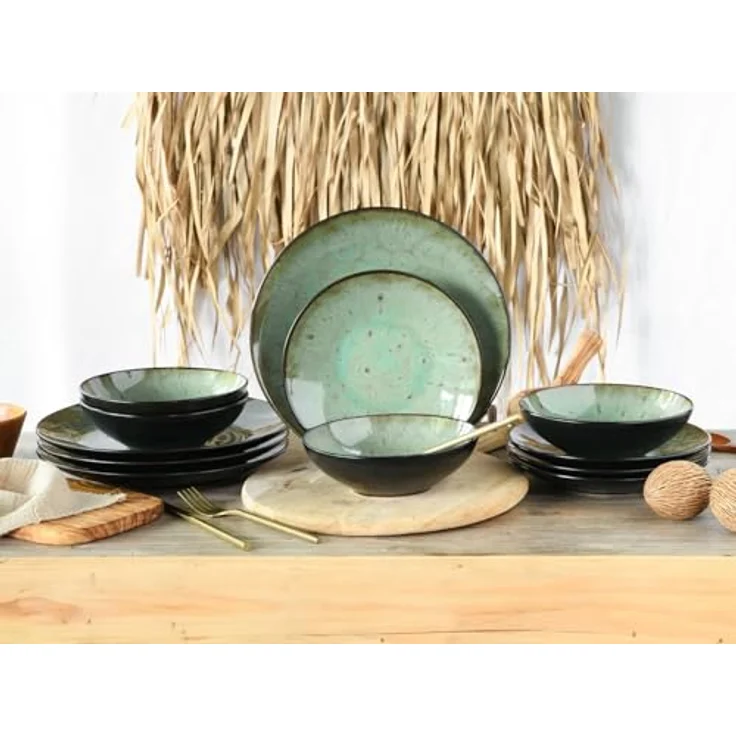 Creatable Tafelservice Jawa, 12-teiliges Geschirrset aus Keramik in Grün und Schwarz, lebensmittelecht und stapelbar, abstraktes Design – Bild 3