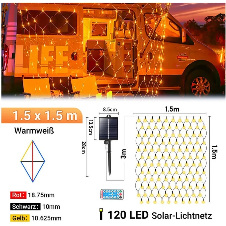 Clanmacy LED-Lichternetz Solar Lichternetz Lichtervorhang 8 Modi-Speicherfunktion IP44 Party – Bild 2