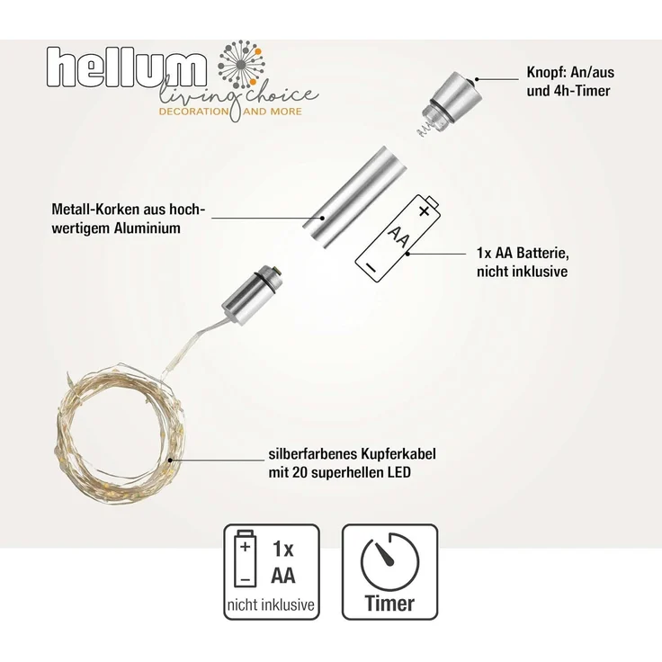 hellum Flaschenlicht mit Timer, Flaschen Licht Warmweiß, 20 LED Flaschen-Lichterkette Batteriebetrieben LED Lichterkette für Flaschen DIY, Tisch Deko, Weihnachten 522822 – Bild 3