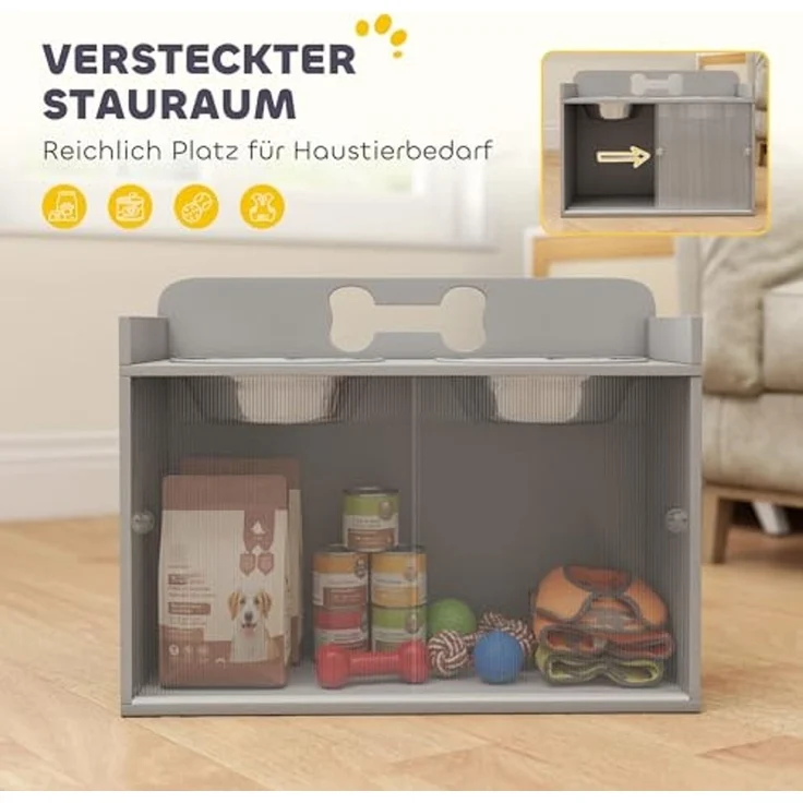 PawHut Futternapf Erhöhte Futterstation mit Aufbewahrungsschrank, 2 Schüsseln, Edelstahl, für große Hunde, Grau – Bild 3