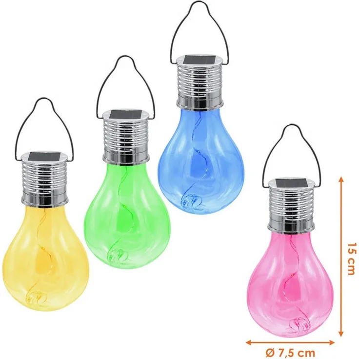 Spetebo LED Solarleuchte Kunststoff Solar Glühbirne 4er Set 15 cm - in gelb, grün, pink, blau, Solarbetrieben, LED wechselbar, warm weiß, Praktische Einschlatautomatik