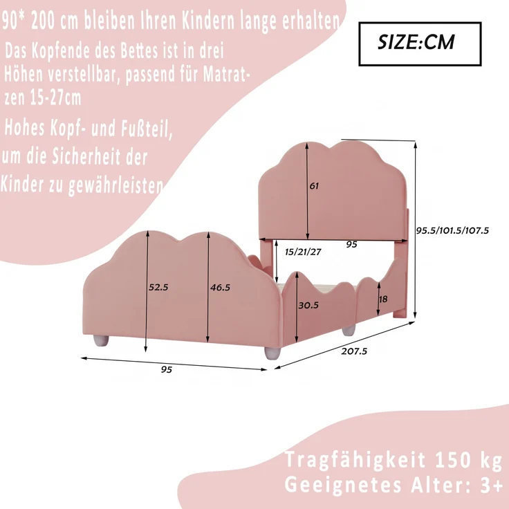 Polsterbett 90x200 cm Kinderbett aus Samt in Rosa mit Seitenschutz und wolkenförmigem Kopfteil – Bild 5