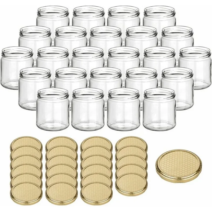 gouveo Honigglas 500g mit Schraub-Deckel - Leere Vorratsgläser 405 ml für Honig, Metall TO82 Bienenwabe, (24-tlg)