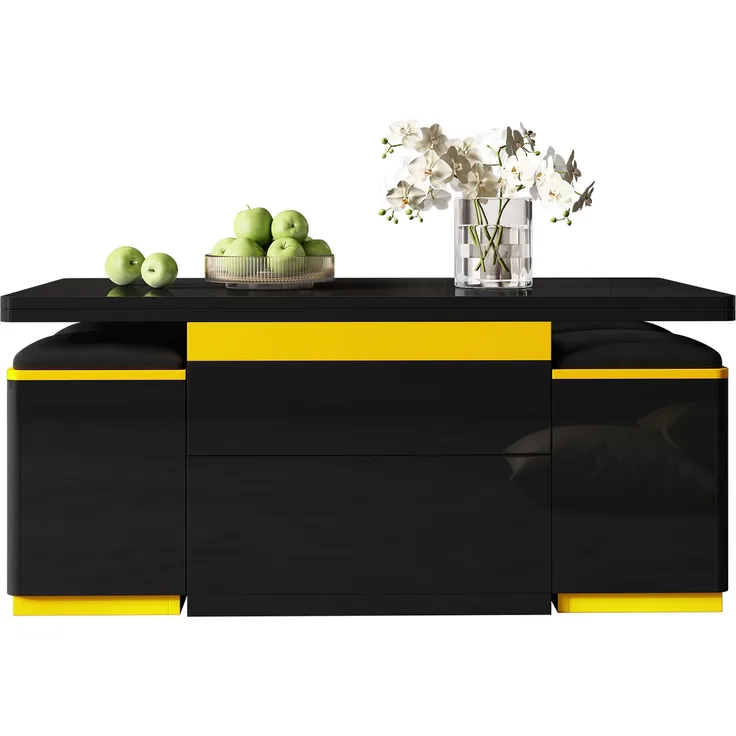 EINHOM Moderner Schwarzer Hochglanz-Couchtisch, Stilvoller Beistelltisch, Multifunktionaler, Höhenverstellbarer Couchtisch, Klappbarer Esstisch/Wohnzimmermöbel, 100 x 50 x 43 cm (L x B x H)