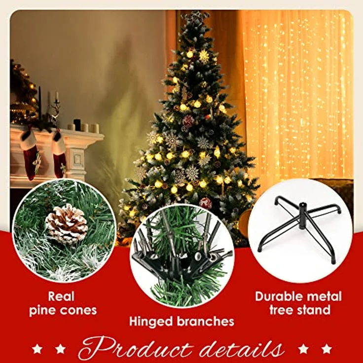 GIGALUMI Künstlicher Weihnachtsbaum mit Schnee-Effekt 150cm 760 Spitzen Tannenbaum mit beschneiten Ästen und Tannenzapfen inkl. Metallständer – Bild 4