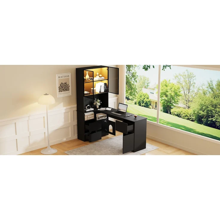 ZUBALIYA Eckschreibtisch mit Regal und LED-Vitrinenschrank 120×80×180 cm – Schreibtisch mit Kabeldurchlass, 3 Schubladen, 2 Türen, offenen Fächern,Ein Eckschreibtisch mit eingebautem Bücherregal,Schwarz – Bild 15