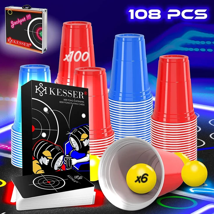 KESSER® Beer Pong Tisch Set mit LED, Kartenspiel, 100 Becher & 6 Bälle, höhenverstellbar / klappbar, Aluminium schwarz, 61 x 244 x 76 cm – Bild 5