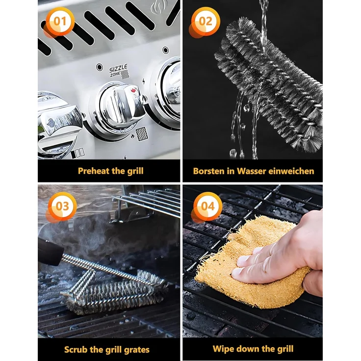 VDISRR Grillbürste, Grillbürste für Gussrost, Dreireihigen Edelstahlborsten, Lange Griff aus Kunststoff, für Holzkohle-, Elektro- und Gasgrills (Grillbürste Lange Griff) – Bild 7