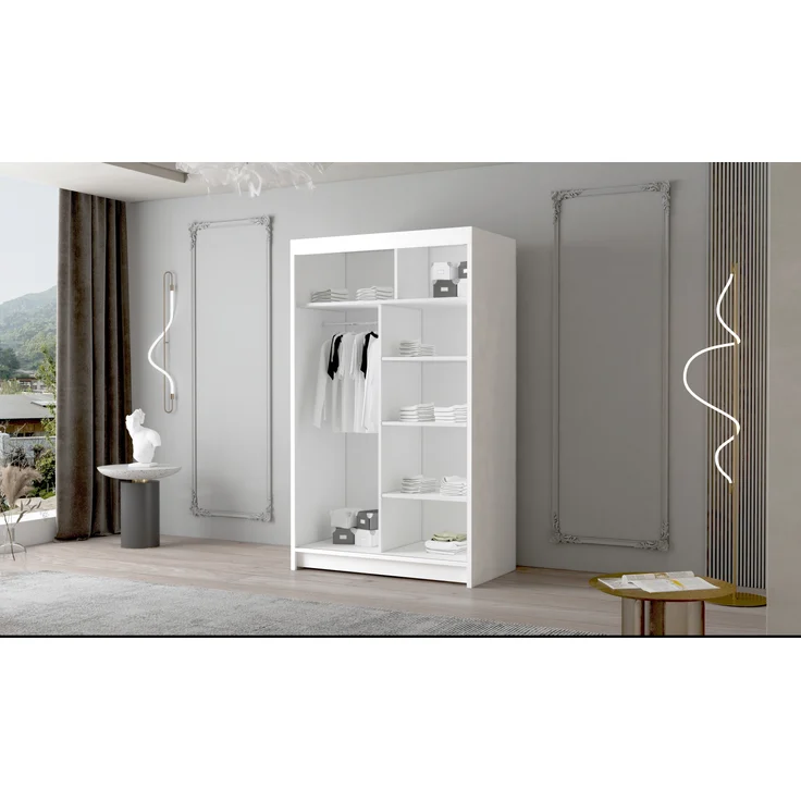 Kleiderschrank Letto IV 100 cm - Modern Schwebetürenschrank, Schiebetürenschrank mit Kleiderstange und Einlegeboden, Schlafzimmerschrank, Schiebetüren - 100x200x58 cm (Weiß/Schwarz) – Bild 3