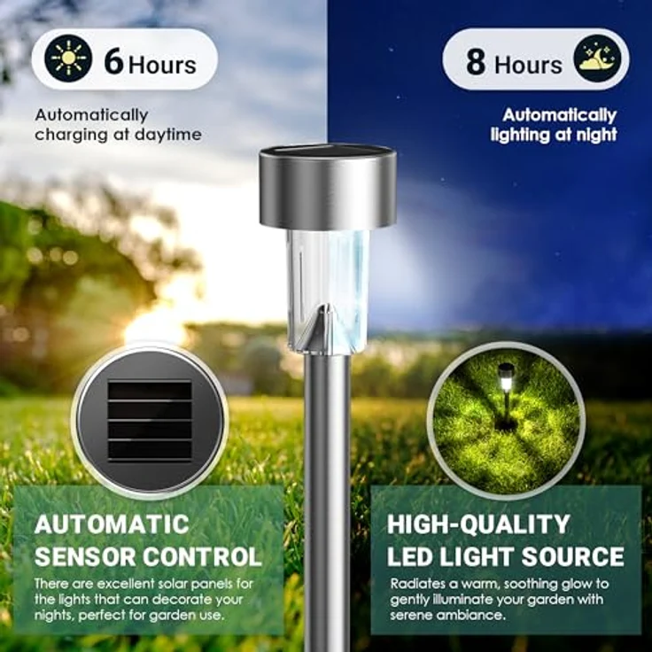 GIGALUMI Solarlampen für außen, Solarleuchten für Garten, 12 Stück, wasserdichte Solar Gartenleuchten für außen Garten, Balkon, Terrasse, Rasen, Wege (kaltweißen) – Bild 6